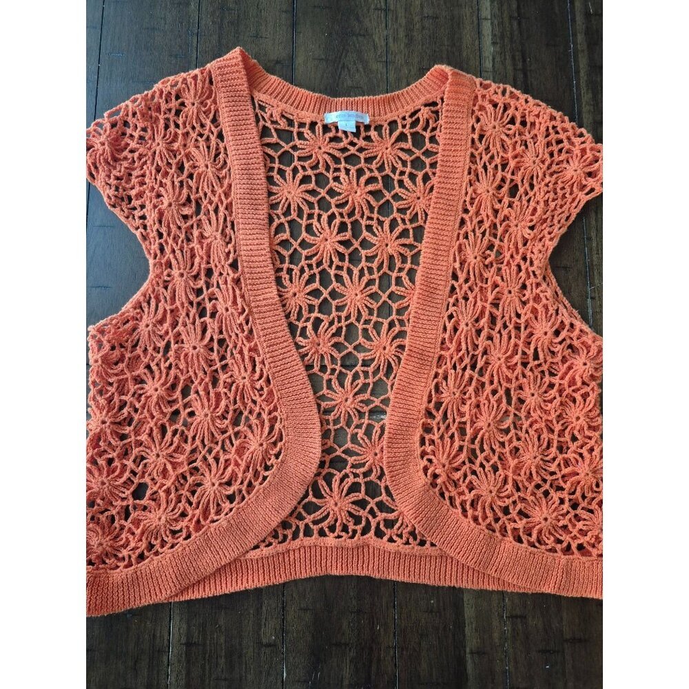 Erin London Orange Floral Open Knit Crochet Sweater Vest size L